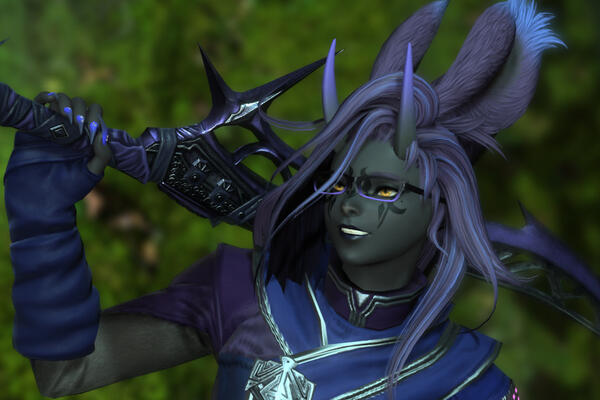 Aisleita wearing armour with glasses, with a confident expression on her face and her sword in her hand, resting on her shoulder.