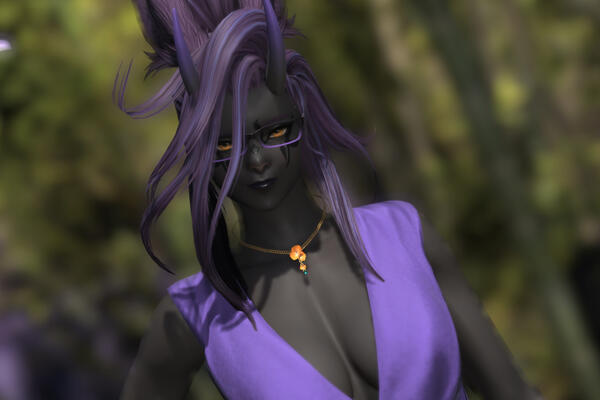 Aisleita wearing a dress with an orange flower necklace, glasses, and a sultry expression.