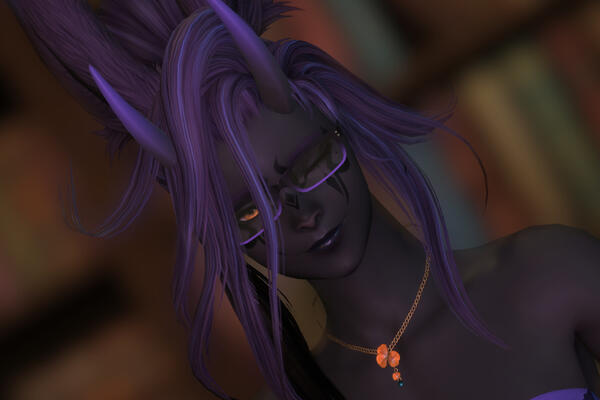 Aisleita winking at the camera. She has long purple hair with blue highlights, an orange flower necklace, black-and-purple rectangular glasses, facial markings, fuzzy viera ears, and grey horns with purple tips.