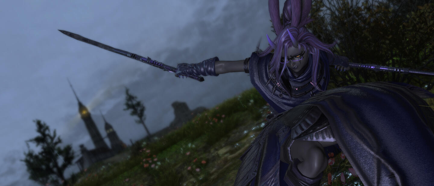Aisleita wearing leather/cloth armour and glasses, in the middle of swinging blades near a lighthouse in the rain.
